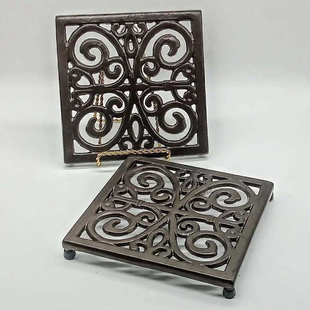 Pair of Dark Brown Enamel Square Cast Iron Trivets